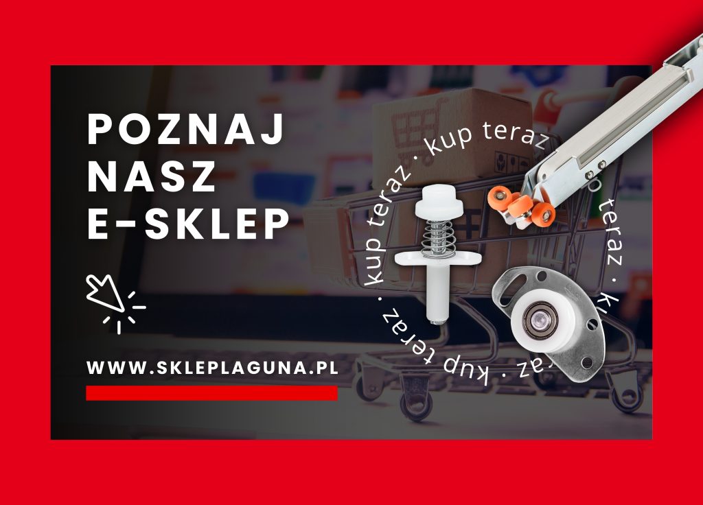 E-sklep skleplaguna.pl – prowadnik bifold, samodomykacz i okucie FAST do systemów przesuwnych drzwi i szaf. Baner: Poznaj nasz e-sklep.