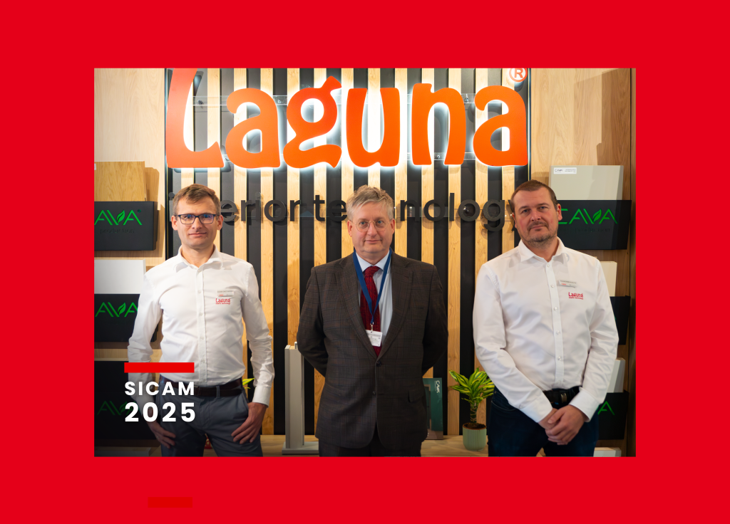 Laguna team at SICAM 2025 in Pordenone, presenting smart door solutions at the company’s exhibition stand.
