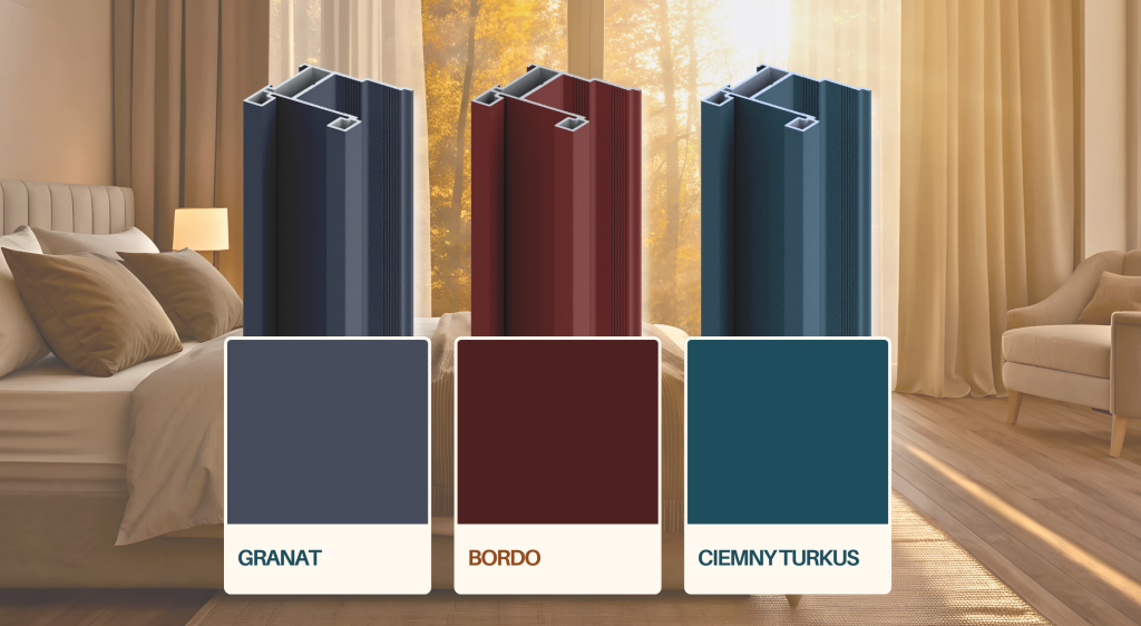 Rączki meblowe w kolorach bordo, granatu i ciemnego turkusu.