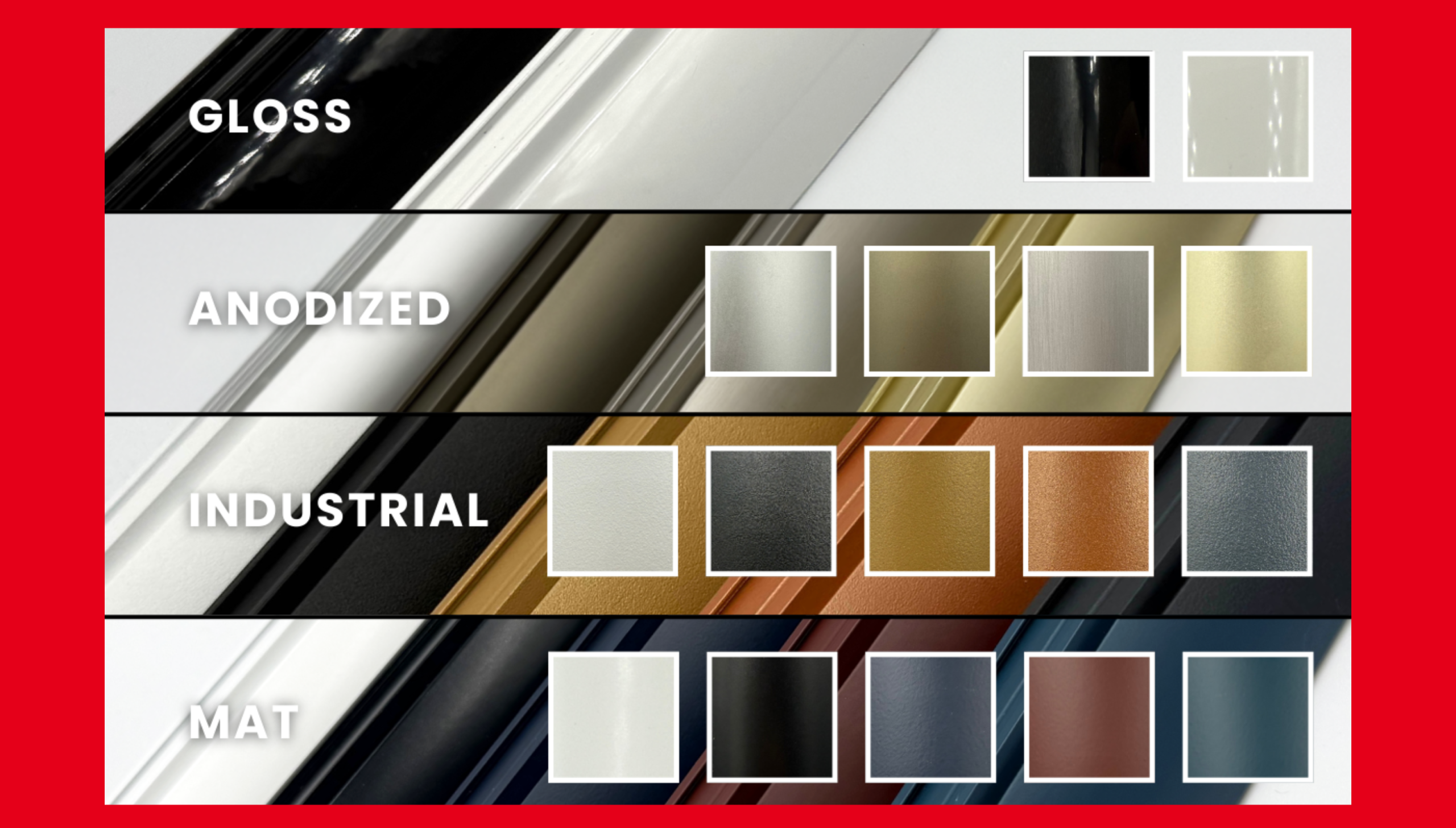 Color offer – gloss, anodized, industrial and mat