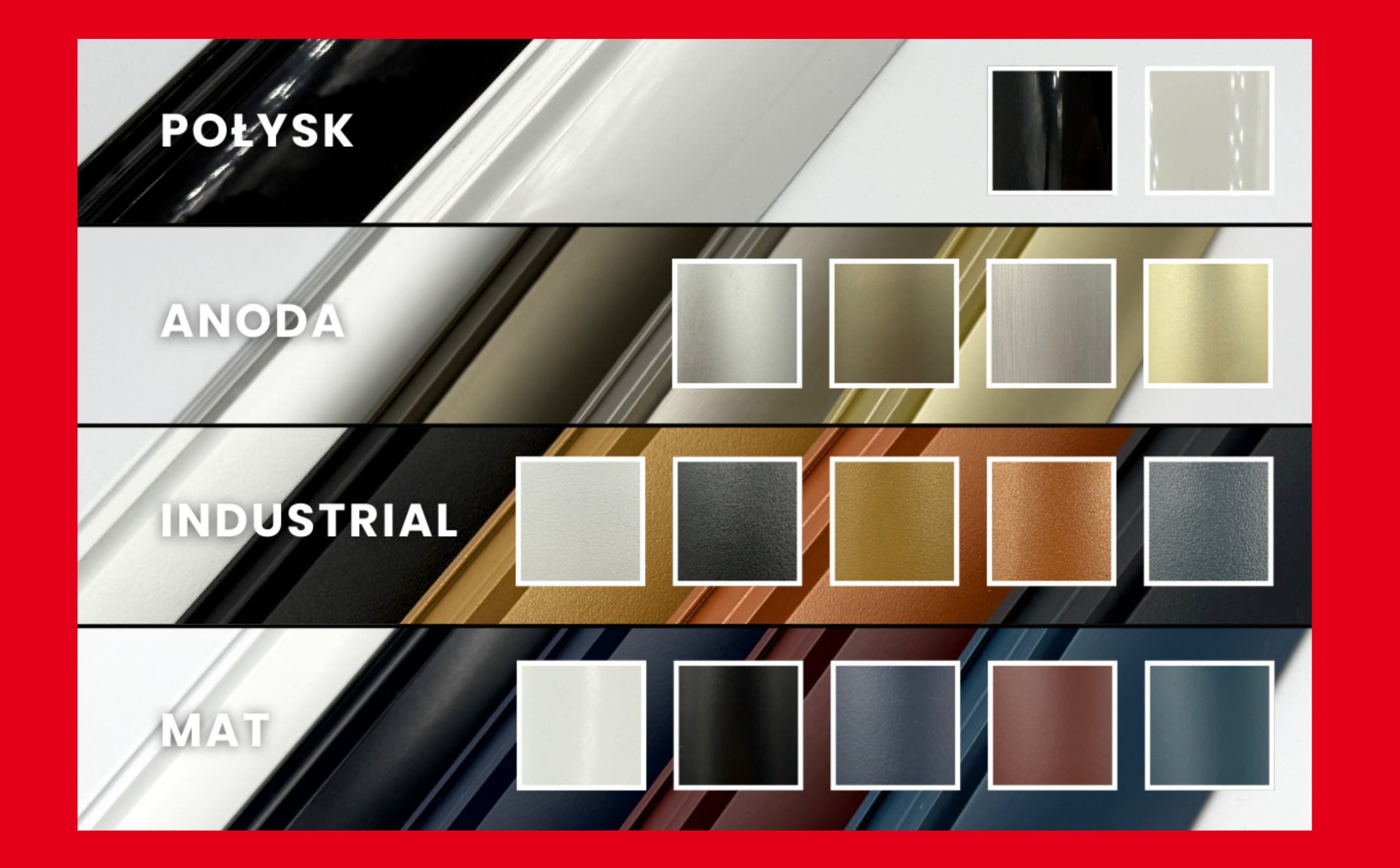 Oferta kolorystyczna – połysk, anoda, industrial i mat
